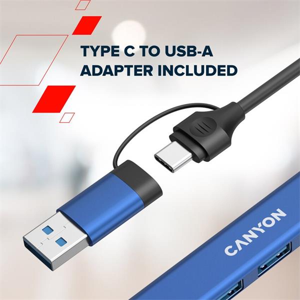 Canyon DS-02, USB-C Hub, 4 porty, 3xUSB 2.0 480Mbps, 1xUSB 3.0, 5Gbps, USB-C/USB-A adaptér, zelená 