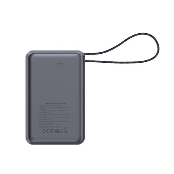 Canyon OnPower 600, Powerbank, 20.000 mAh, displej, in: USB-C, out: USB-C,  PD 65W/ USB-A, QC3 22,5W, integr. kábel 