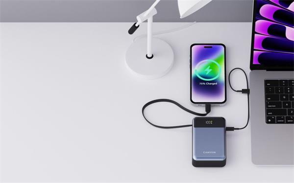 Canyon OnPower 600, Powerbank, 20.000 mAh, displej, in: USB-C, out: USB-C,  PD 65W/ USB-A, QC3 22,5W, integr. kábel 