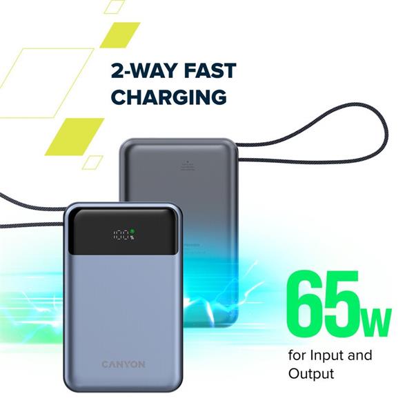 Canyon OnPower 600, Powerbank, 20.000 mAh, displej, in: USB-C, out: USB-C,  PD 65W/ USB-A, QC3 22,5W, integr. kábel 