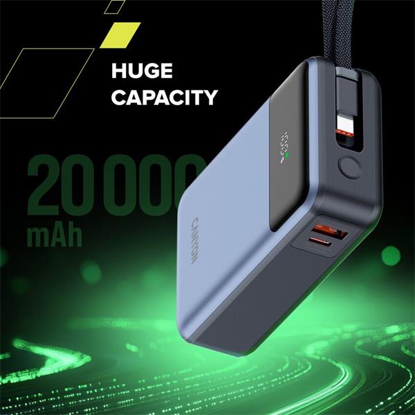 Canyon OnPower 600, Powerbank, 20.000 mAh, displej, in: USB-C, out: USB-C,  PD 65W/ USB-A, QC3 22,5W, integr. kábel 