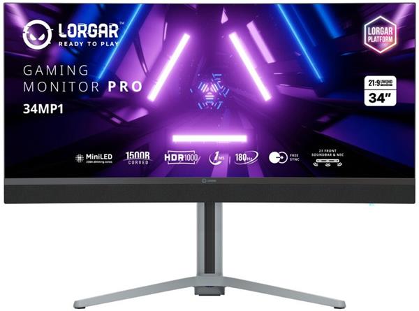 Lorgar 34MP1, herný monitor 34´´, LCD 3440x1440, 1 000 000:1, 1ms, 1000cd, HDMI, DP, USB-C(90W), reproduktory, šedý 