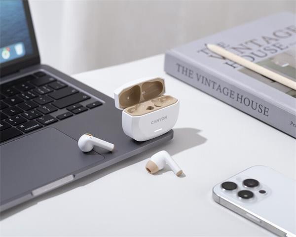 Canyon Hexagon 7, True Wireless Stereo Bluetooth 5.4 slúchadlá do uší. ANC, ENC funkcie, výdrž 27 hod, béžovo-biele 