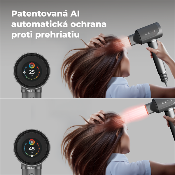 AENO Inteligentný sušič vlasov HD5, 100km h, Hlasové ovl., ionizátor, AI, NTC, Gravity senzor, Infra Senzor, 67 dB, LED 