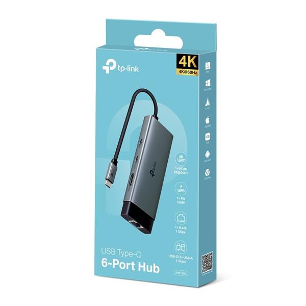 USB Type-C 6-Port Hub SPEC: 1 × USB-C Connector,1 × HDMI 4K 60Hz Port,1 × USB-C PD 100W Port,1 × RJ45 1000Mbps Port,2 ×  