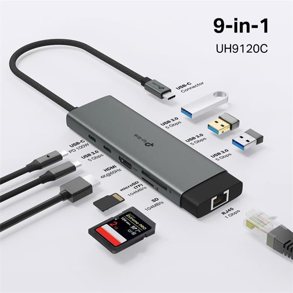 USB Type-C 9-Port Hub SPEC: 1 × USB-C Connector,1 × HDMI 4K 60Hz Port,1 × USB-C PD 100W Port,1 × RJ45 1000Mbps Port,1 ×  