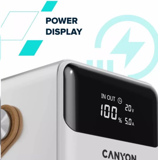 Canyon OnPower 610, Powerbank, 60.000 mAh, displej, in: USB-C, out: 3x USB-C,  PD 100W, 3x USB-A, QC 3.0, biela 