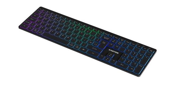 Canyon HKB-W11, 2v1 bezdrôtová klávesnica, vodeodolná, 12 multim. kláves, RGB podsv, plnoh. veľkosť, štíhla, SK/CZ, čier 