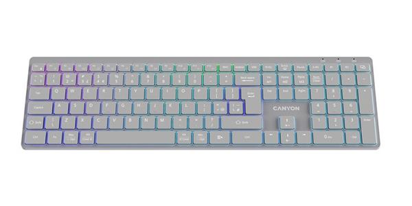 Canyon HKB-W11, 2v1 bezdrôtová klávesnica, vodeodolná, 12 multimed. kláves, RGB podsv, plnohodn. veľkosť, štíhla, US,šed 