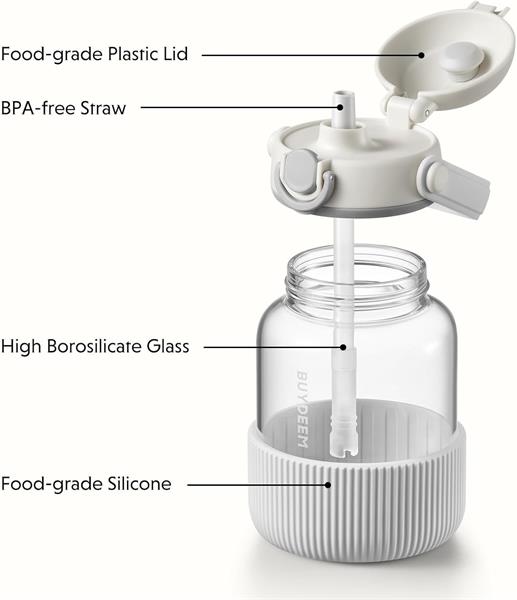 BUYDEEM Sklenená fľaša so slamkou 800 ml, model DG78, farba ovsená biela 