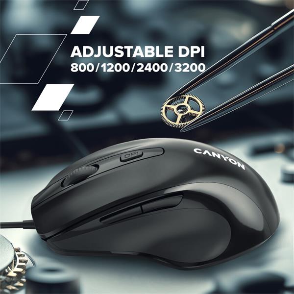 Canyon M-6, optická myš pre pravákov, USB, 3200 dpi, 6 tlačidiel, ergonomická, 1.5m kábel, výdrž 3 mil kliknutí, čierna 