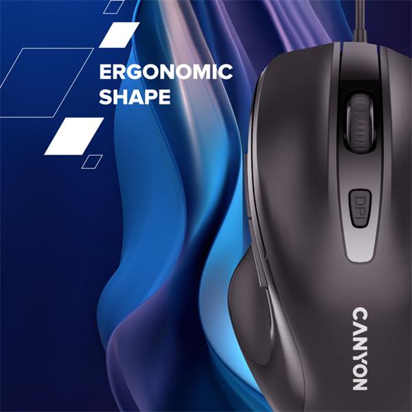 Canyon M-6, optická myš pre pravákov, USB, 3200 dpi, 6 tlačidiel, ergonomická, 1.5m kábel, výdrž 3 mil kliknutí, čierna 