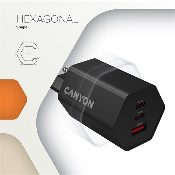 Canyon Hexagon 65, vysokorýchlostná univerzálna nabíjačka do steny, 65W, 2x USB-C + 1x USB-A, čierna 