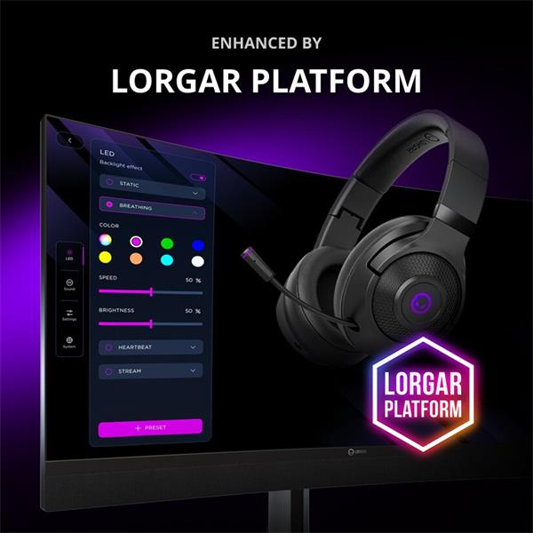 Lorgar Noah 702, herny headset 3v1 - BT 5.3 + WiFi + 3.5mm jack , skladací dizajn, 1000 mAh vysokokapacitný akumulátor 