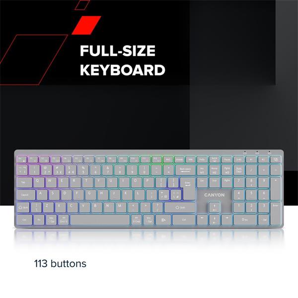 Canyon HKB-W11, 2v1 bezdrôtová klávesnica, vodeodolná, 12 multim. kláves, RGB podsv, plnoh. veľkosť, štíhla, SK/CZ, čier 