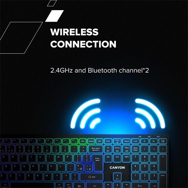 Canyon HKB-W11, 2v1 bezdrôtová klávesnica, vodeodolná, 12 multim. kláves, RGB podsv, plnoh. veľkosť, štíhla, SK/CZ, čier 