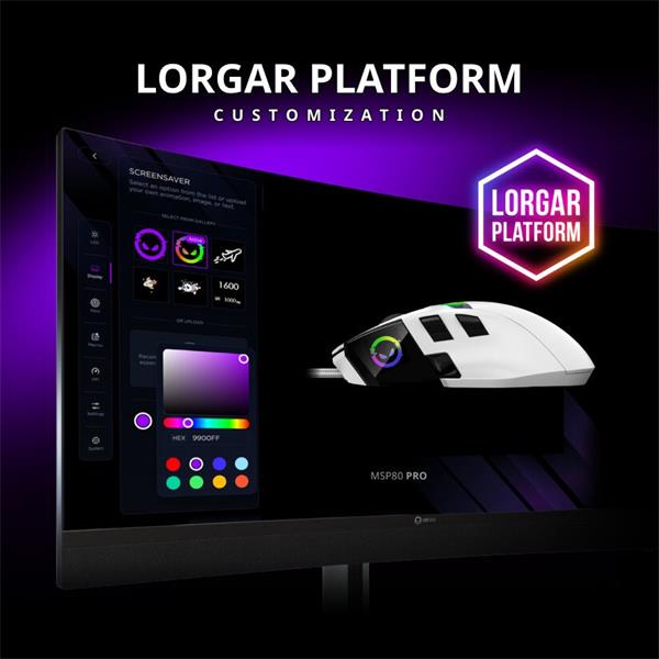 Lorgar MSP80, profi herná myš, 8 progr. tlač., senzor Pixart PAW3395, 26.000 DPI, režim podsv. RGB, čierna 