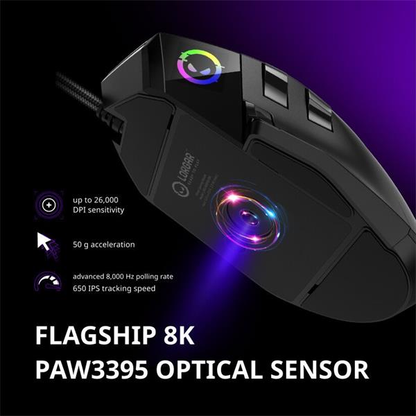 Lorgar MSP80, profi herná myš, 8 progr. tlač., senzor Pixart PAW3395, 26.000 DPI, režim podsv. RGB,  biela 