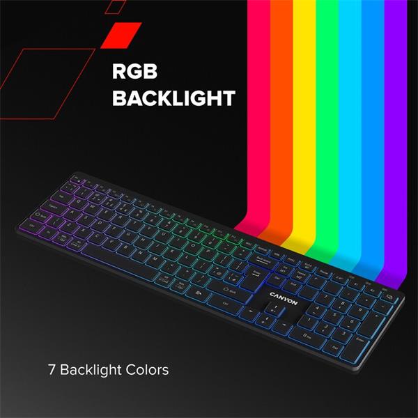 Canyon HKB-W11, 2v1 bezdrôtová klávesnica, vodeodolná, 12 multimed. kláves, RGB podsv, plnohodn. veľkosť, štíhla, US,šed 