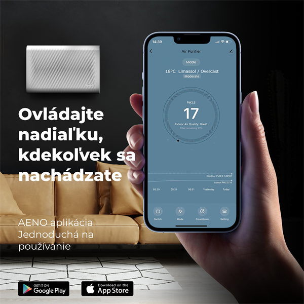 AENO Čistička vzduchu AP2S - 50m2, 420m3/h,SMART, Tvoc senzor, Carbon&HEPA H13, UV lampa, ION, na stenu 