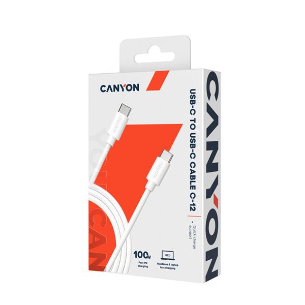 Canyon C-12, 2 m kábel USB-C / USB-C, 20V/5A, výkon 100W PD, pre notebooky, E-mark čip, biely 