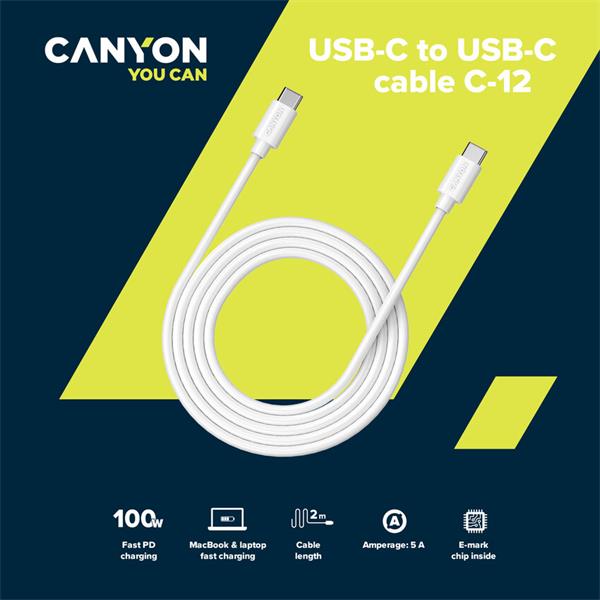 Canyon C-12, 2 m kábel USB-C / USB-C, 20V/5A, výkon 100W PD, pre notebooky, E-mark čip, biely 