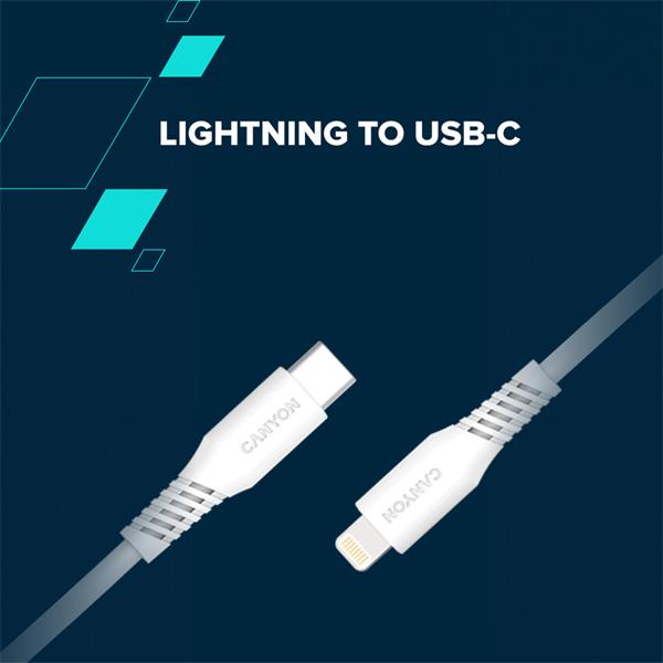 Canyon CLN30SC20, 2 m kábel, USB-C / Lightning, PD 27 W, 480 Mbps. biely 