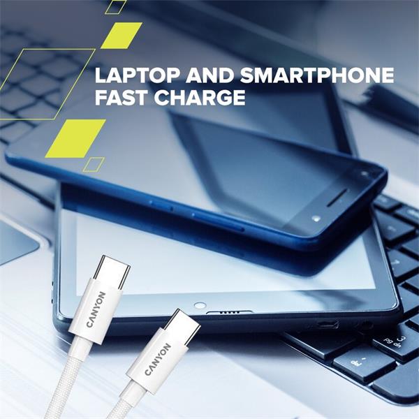 Canyon CC60AB20, 2 m kábel, USB-C / USB-C, 60 W, 480 Mbps, biely 