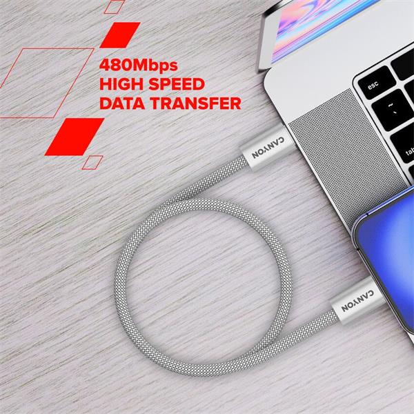 Canyon CCMG60AB15, 1 m kábel, USB-C / USB-C, magnet, PD 60 W, opletený, šedý 