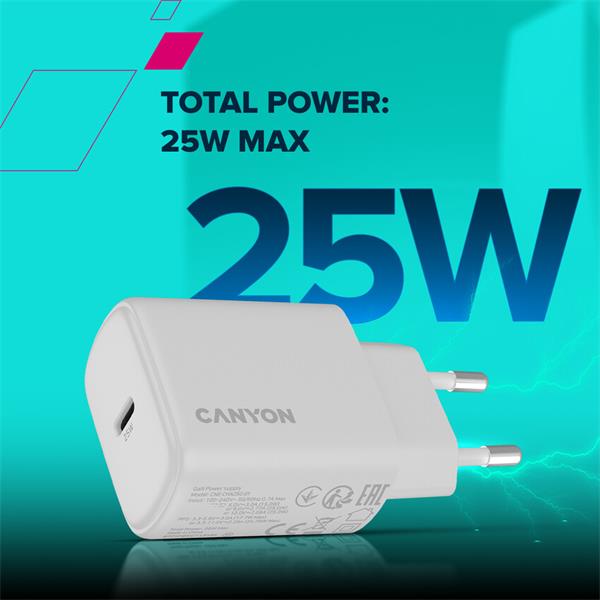 Canyon OnCharge 250, univerzálna nabíjačka do steny, 1x USB-C, PD 25W, biela 