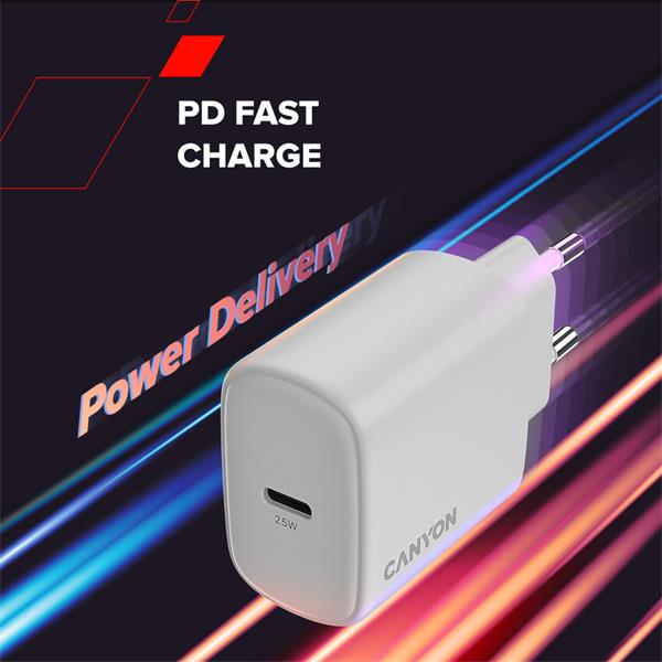 Canyon OnCharge 250, univerzálna nabíjačka do steny, 1x USB-C, PD 25W, čierna 