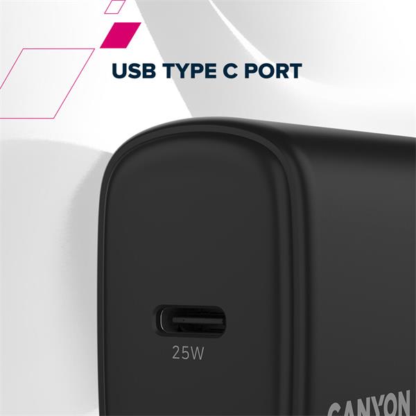 Canyon OnCharge 250, univerzálna nabíjačka do steny, 1x USB-C, PD 25W, čierna 