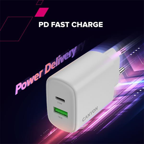 Canyon OnCharge 250, univerzálna nabíjačka do steny, 1x USB-C + 1x USB-A, PD 25W, čierna 