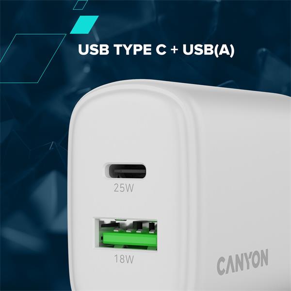 Canyon OnCharge 250, univerzálna nabíjačka do steny, 1x USB-C + 1x USB-A, PD 25W, čierna 