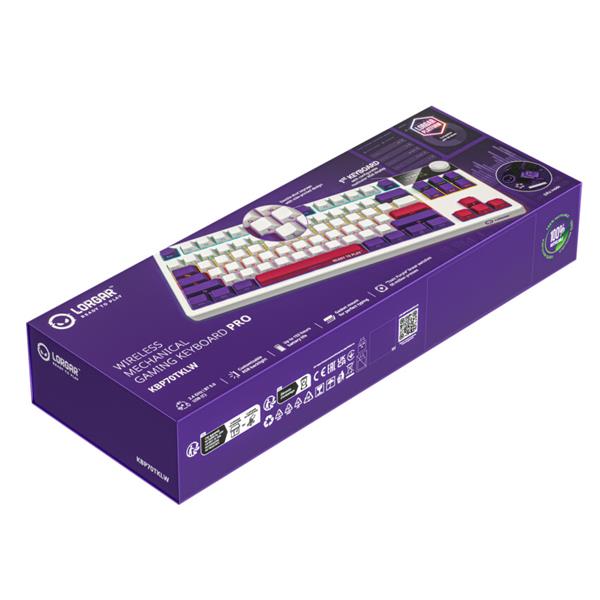 Lorgar KBP70TKLW, Pro bezdrôtová mechanická herná klávesnica, 2.4 GHz/ BT 5.0, Displej, multim. tlač., US layout, biela 