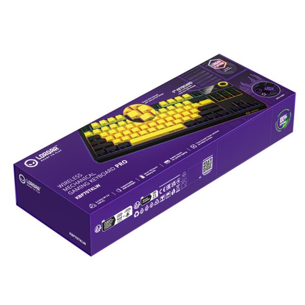 Lorgar KBP70TKLW, Pro bezdrôtová mechanická herná klávesnica, 2.4 GHz/ BT 5.0, Displej, multim. tlač., US layout, žltá 