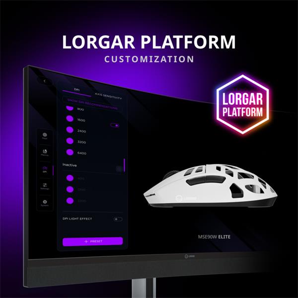 Lorgar MSE90W, elitná bezdrôtová herná myš zo zliatiny horčíka, 3 režimy prip, 26.000 dpi, 6 prog. tlač, aku, čierna 