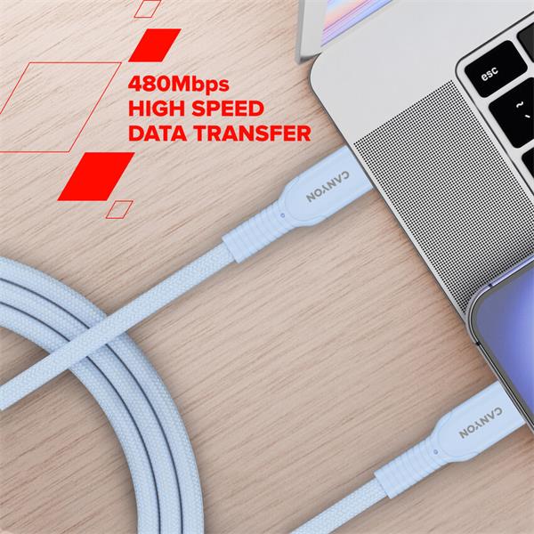 Canyon OnWire CCAP60CL, 1 m, kábel nab. a synchr., USB-C / USB-C, 60W PD, 480Mbps, opletený, čierny 