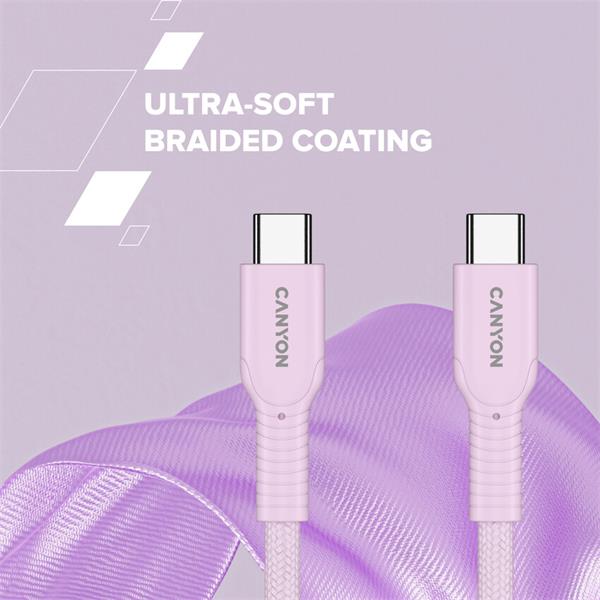 Canyon OnWire CCAP60CL, 1 m, kábel nab. a synchr., USB-C / USB-C, 60W PD, 480Mbps, opletený, fialový 