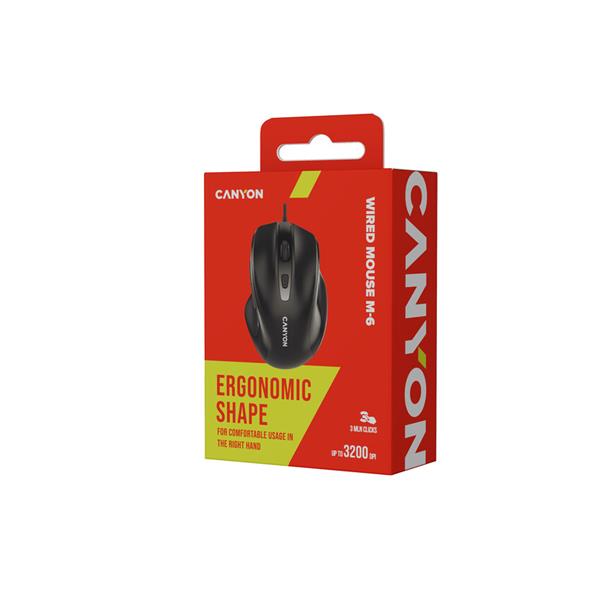 Canyon M-6, optická myš pre pravákov, USB, 3200 dpi, 6 tlačidiel, ergonomická, 1.5m kábel, výdrž 3 mil kliknutí, čierna 
