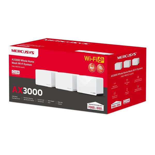 AX3000 Whole Home Mesh Wi-Fi 6 System 3-pack: 1×Halo H85X + 2×Halo H80X SPEED: 574 Mbps at 2.4 GHz + 2402 Mbps at 5 GHz  