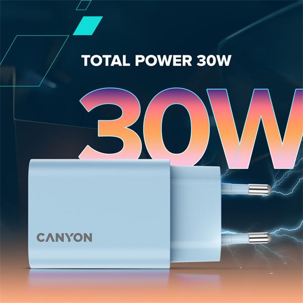 Canyon OnCharge 30CL, univerzálna cestovná nabíjačka do steny 1x USB-C, 30W PD, modrá 