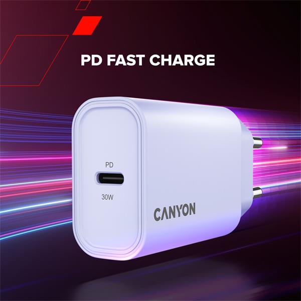 Canyon OnCharge 30CL, univerzálna cestovná nabíjačka do steny 1x USB-C, 30W PD, ružová 