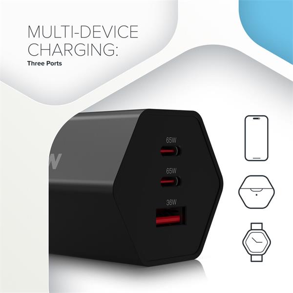 Canyon Hexagon 65, vysokorýchlostná univerzálna nabíjačka do steny, 2x USB-C 65W PD, 1x USB-A 18W, biela 