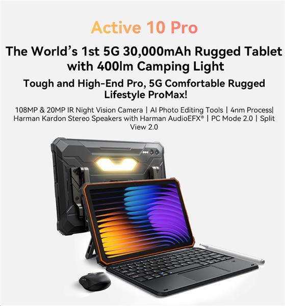 Blackview Active 10 Pro Rugged Tab 12GB/512GB, 10.95" FHD IPS 90Hz Corning Glass 3, MT6878 Octa-core, 50/108 MP, oranžov 