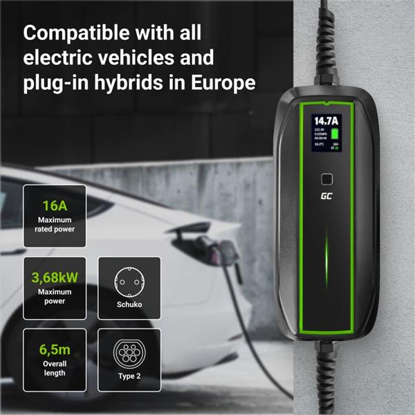 Green Cell Mobilná nabíjačka GC EV PowerCable 3,6 kW Schuko Typ 2 na nabíjanie elektromobilov a plug-in hybridov 
