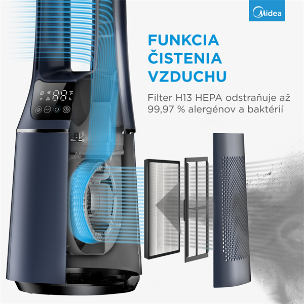 MIDEA Smart ventilátor a cisticka vzduchu bez lopatiek AMS150-PBW ,WiFi,DO,H13 HEPA filter,10 rýchlostí,ION,48m2,casovac 