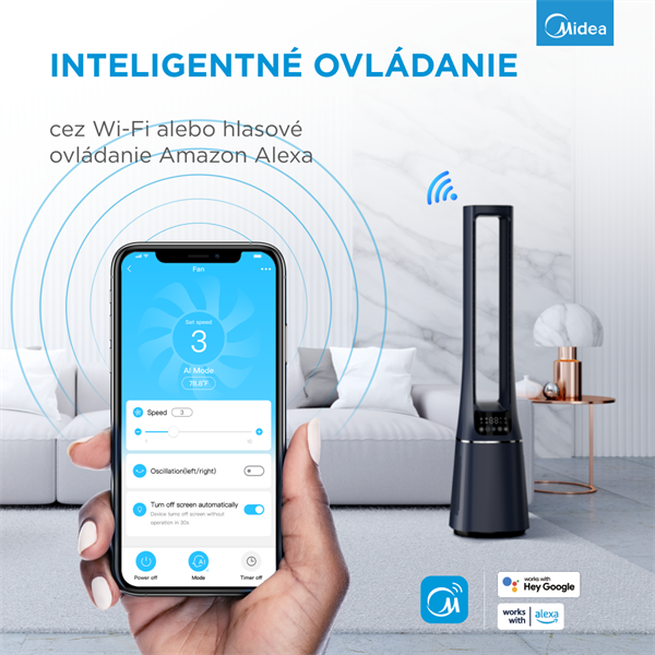 MIDEA Smart ventilátor a cisticka vzduchu bez lopatiek AMS150-PBW ,WiFi,DO,H13 HEPA filter,10 rýchlostí,ION,48m2,casovac 