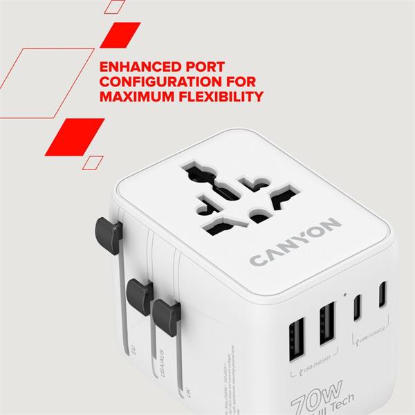 Canyon OnTour 70, univerzálny cestovný adaptér pre 200 krajín, 70W, 3x USB-C / 2x USB-A 