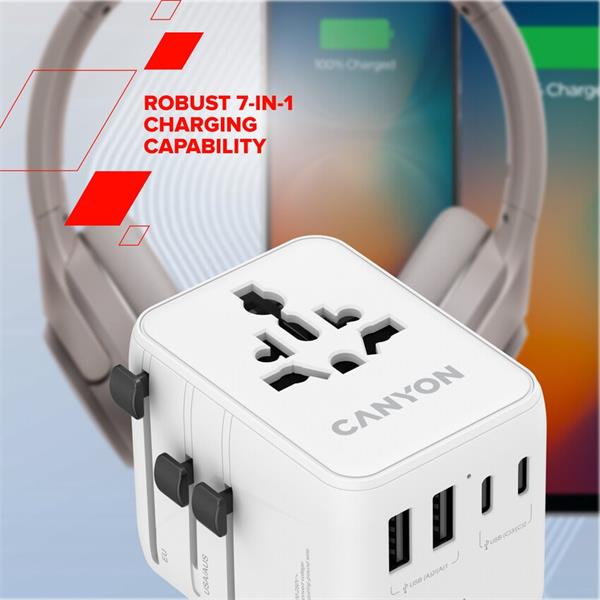 Canyon OnTour 70, univerzálny cestovný adaptér pre 200 krajín, 70W, 3x USB-C / 2x USB-A 